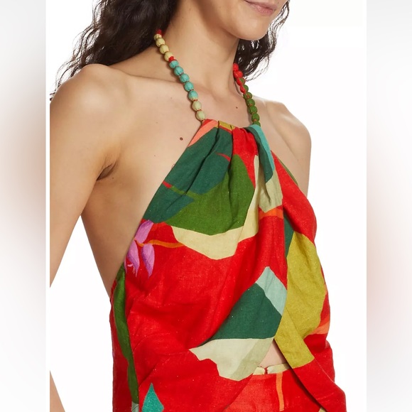 NEW FARM Rio Heliconia Halter Crop Top Red Linen Tropical, size L - Picture 5 of 13